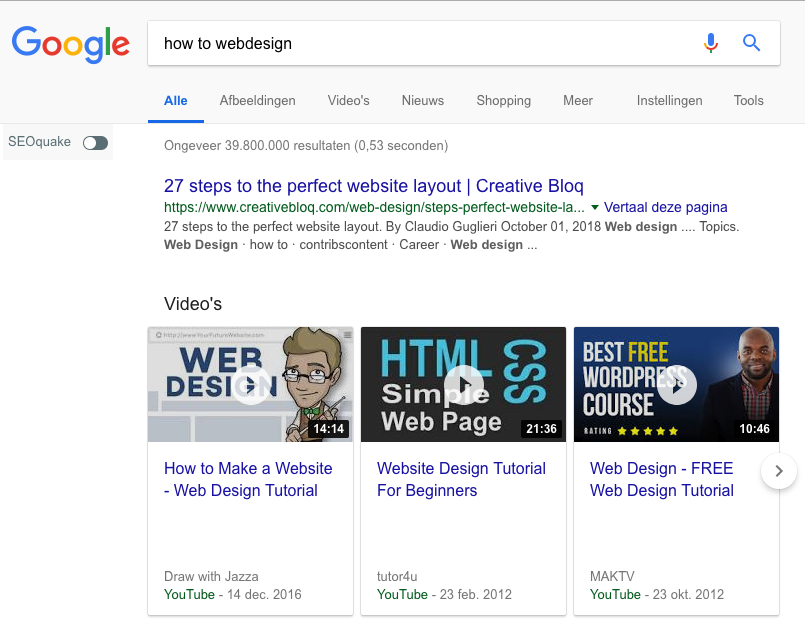 Google zoekresultaat met video