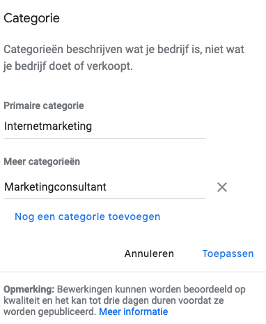 Categorie google mijn bedrijf
