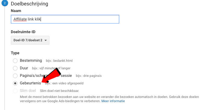 Doelbeschrijving Google Analytics gebeurtenis