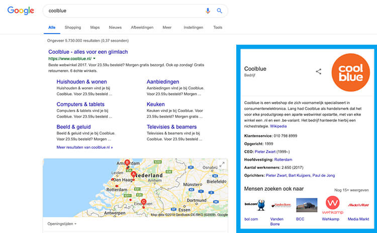 Google Mijn Bedrijf voorbeeld Coolblue