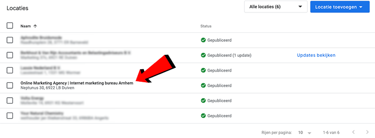 Klik op de locatie in Mijn Bedrijf