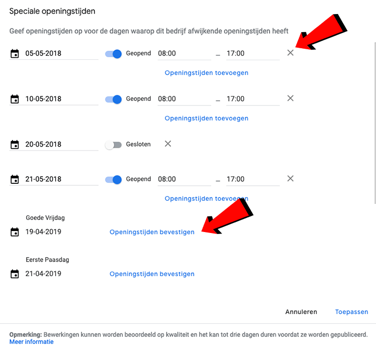 Speciale openingstijden en feestdagen