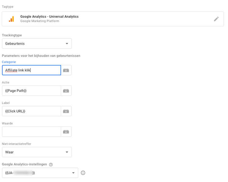 Tag instellen GTM affiliate klik