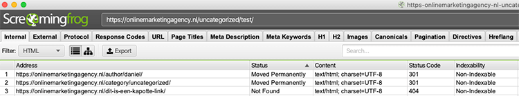 Kapotte link achterhalen met Screaming Frog