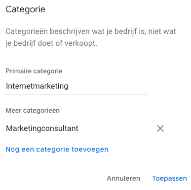 Categorie Google Mijn bedrijf