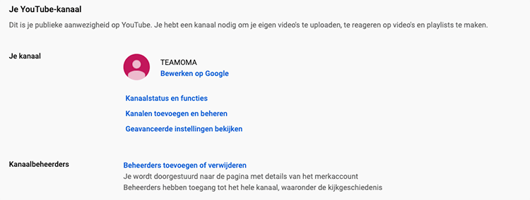 Youtube kanaalbeheerders toevoegen of verwijderen