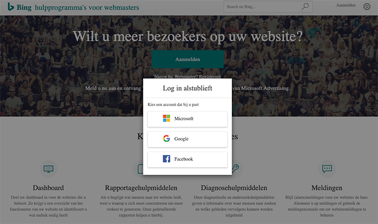 Inloggen Google voor Bing Webmaster tools
