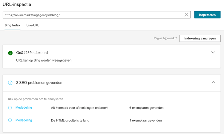 URL-inspectie Bing Webmaster tools
