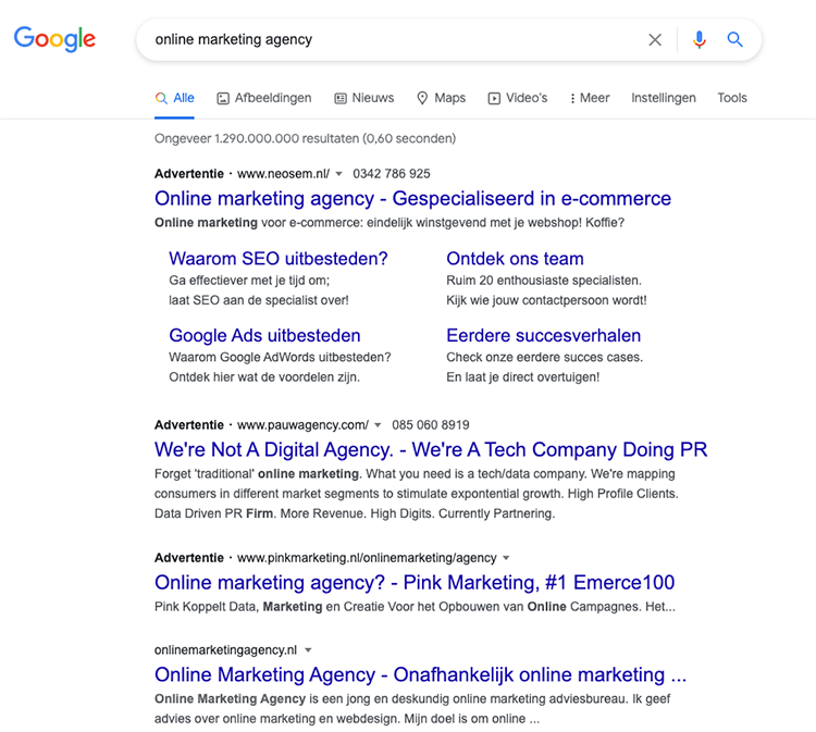 google advertenties boven organisch zoekresultaten