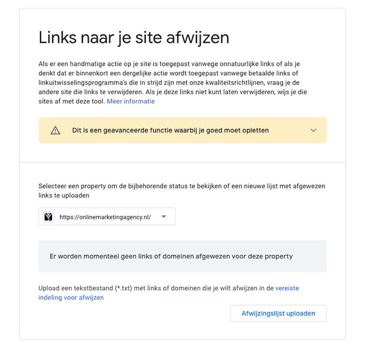 afwijzingslijst uploaden search console