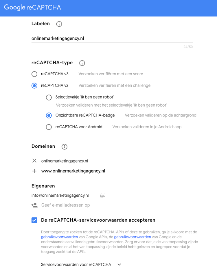 Google recaptcha aanvragen