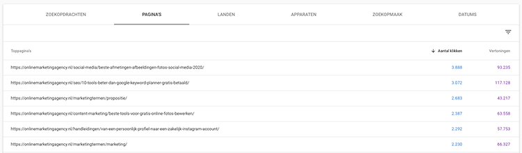 search console pagina's