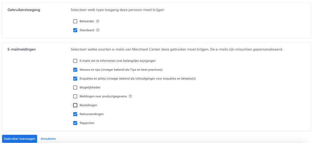 Beheerdersrechten Google Merchant Center