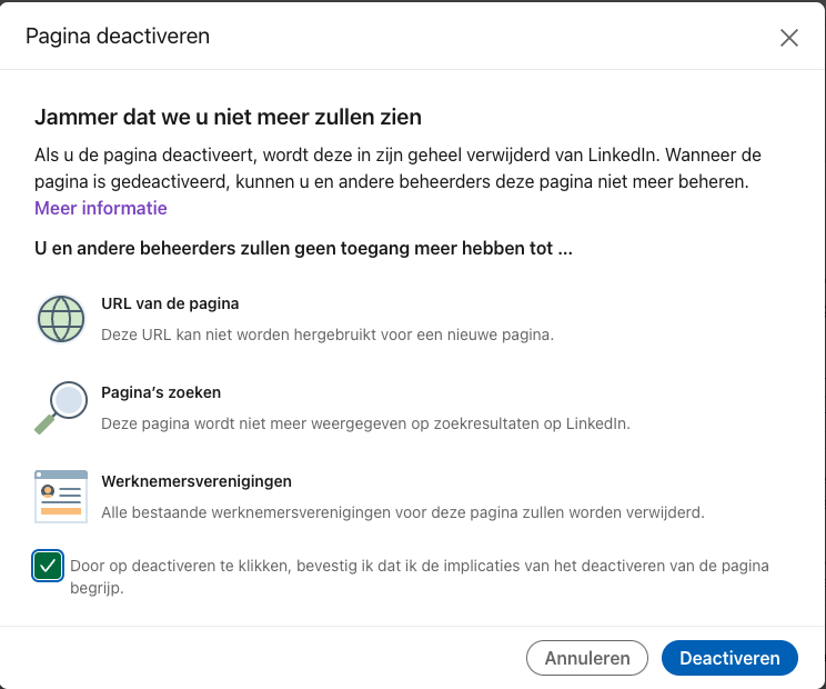 Bevestigen deactiveren linkedin pagina