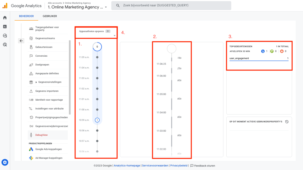 GA4 DebugView overzicht 2023