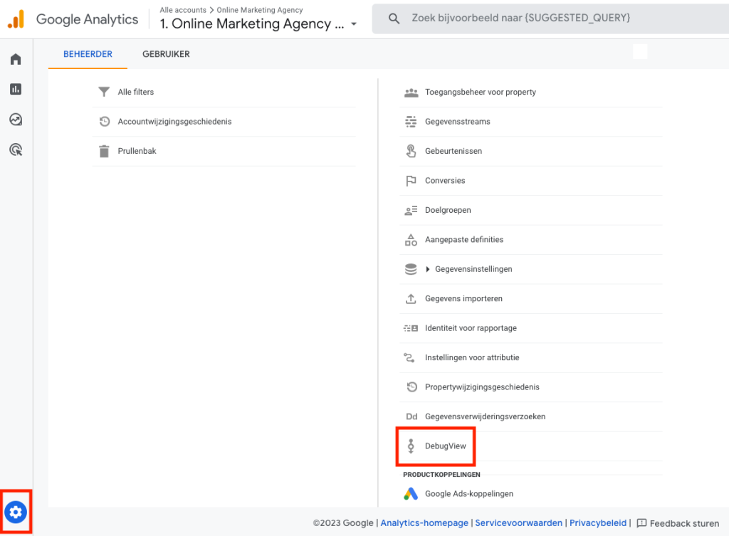 GA4 DebugView vinden in het menu