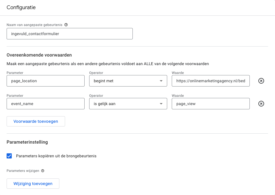 GA4 gebeurtenissen parameters ingevuld contactformulier voor bedankpagina 