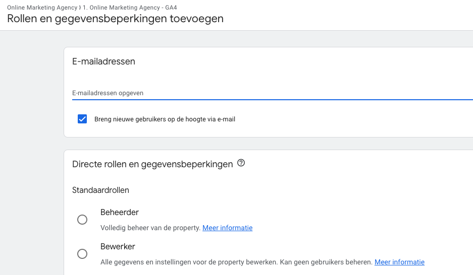 GA4 property gebruiker toevoegen email en taken