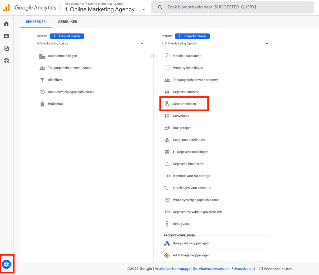 GA4 tandwiel menu gebeurtenissen