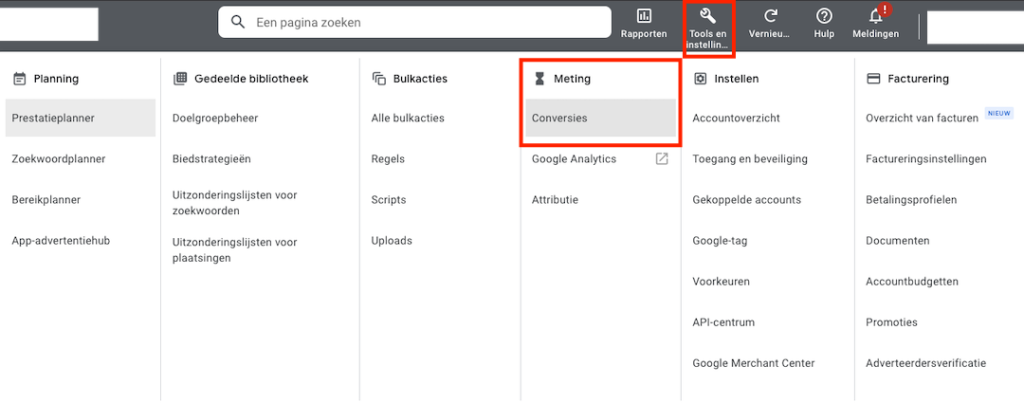 Google Ads Tools en Instellingen