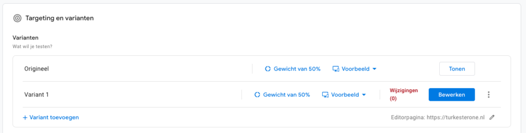 Google Optimize - Variant aangemaakt