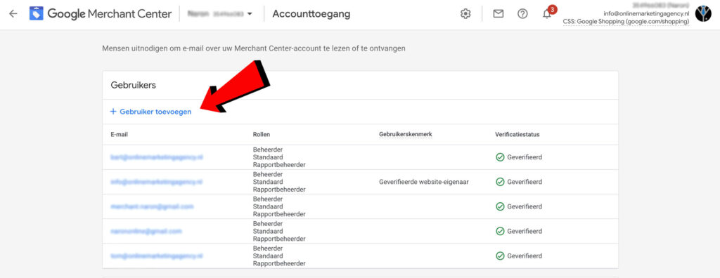 Toevoegen gebruiker Google Merchant Center