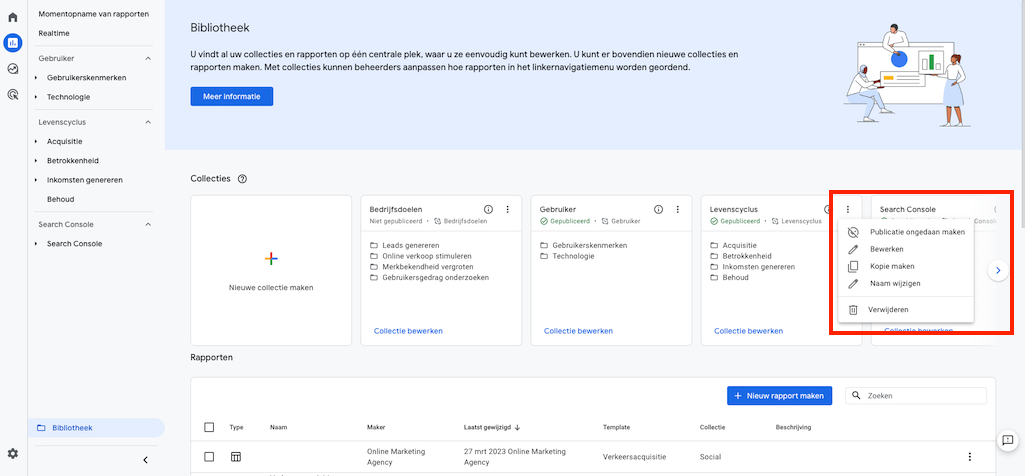 GA4 bibliotheek dubbel rapport verwijderen